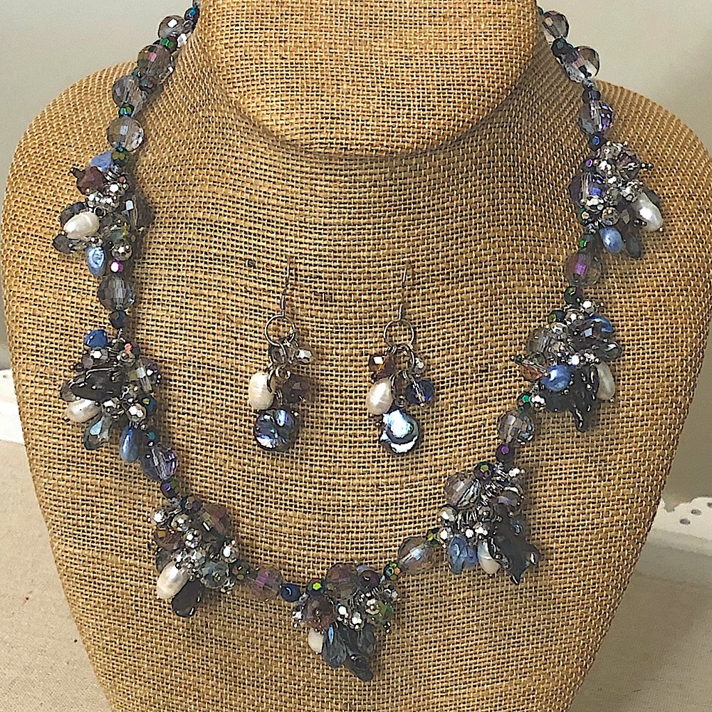 Gray, Purple Freshwater Pearl And Crystal Cluster Necklace , Earring Set 19+2 “